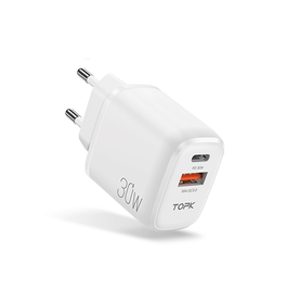 Vægoplader | TOPK® | 2-Port USB-A / USB-C Oplader QC 3.0 - 30W - Hvid - DELUXECOVERS.DK